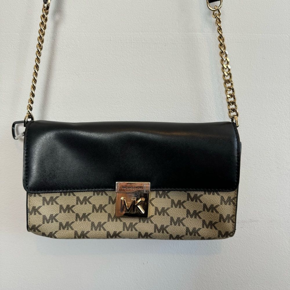 Michael Kors Crossbody Bag Black Brown MK Logo Leather Gold Chain Shoulder Bag - Picture 3 of 11